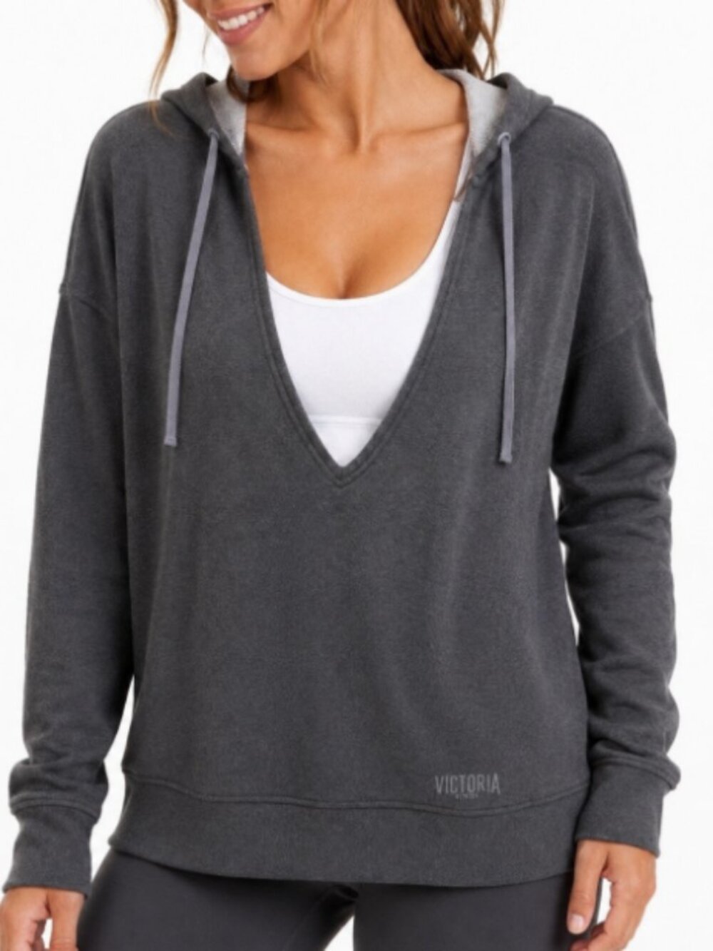 Victoria Sport Gray Pullover Hoodie Women's XS Long Sleeve V-Neck Thumbholes